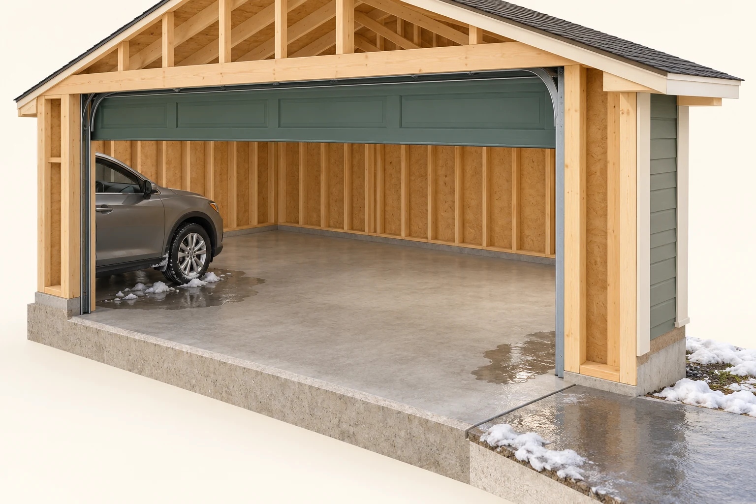 Original 3D garage model with exposed timber framing, a parked car and slush near its wheel, wetness beneath it and wet surfaces at the doorway and outside apron. The model supplies no actual water cause or flow direction.
