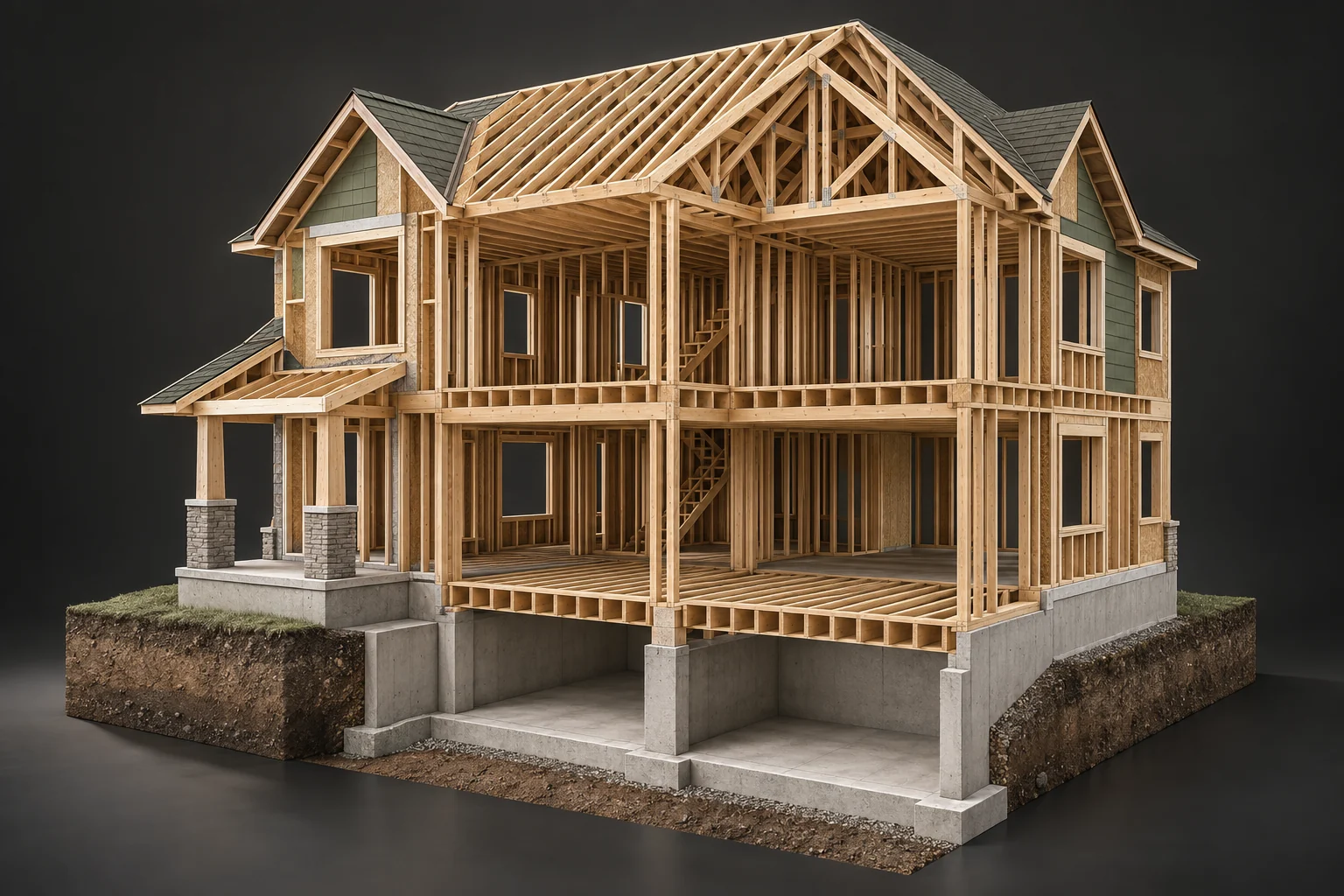 Conceptual open timber house revealing roof framing, floors, supports and a concrete foundation