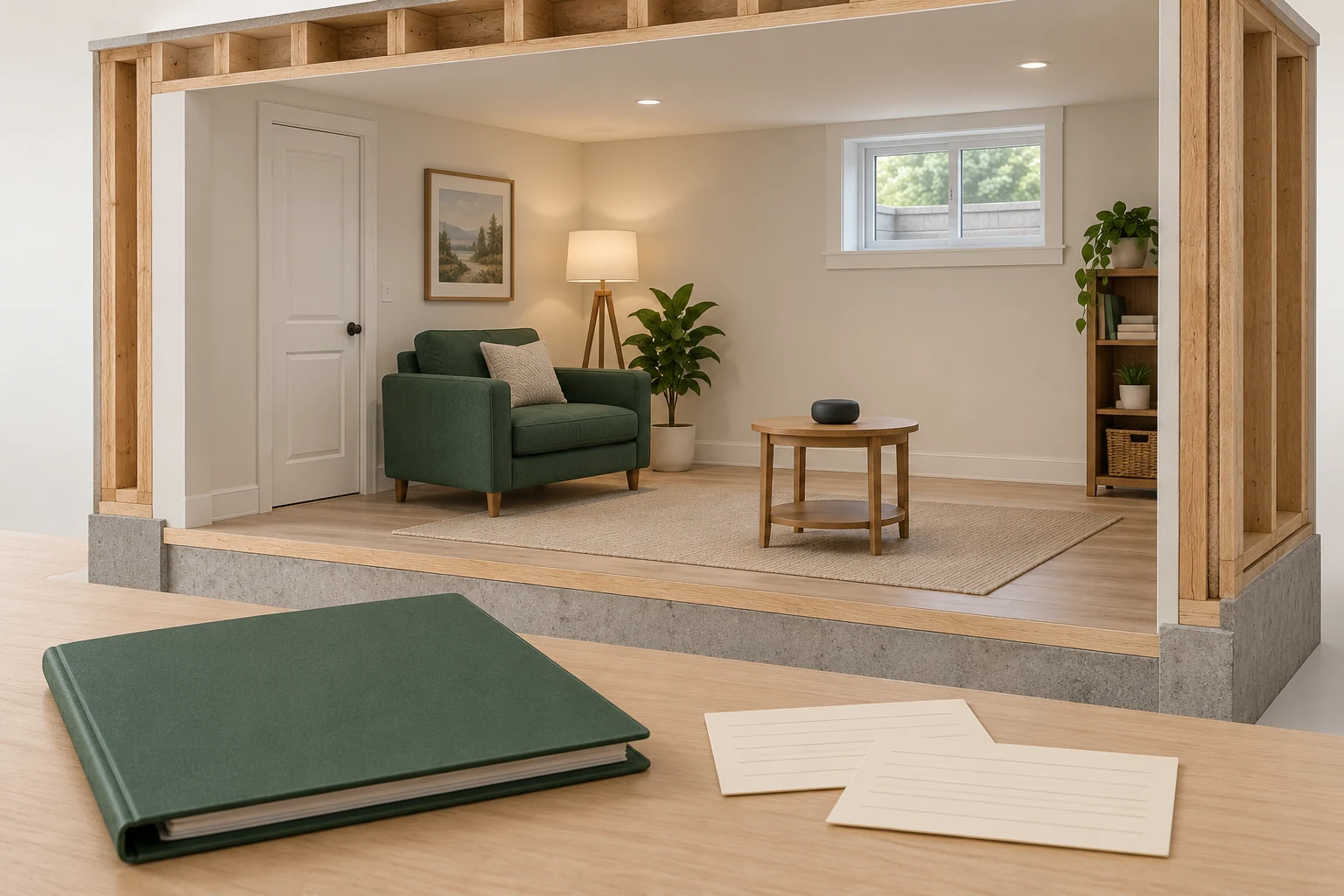 Conceptual timber-edged furnished room with a plain dark rounded case on a low table, a closed-looking window, green chair and lamp, and blank lined cards beside a green record folder in the foreground