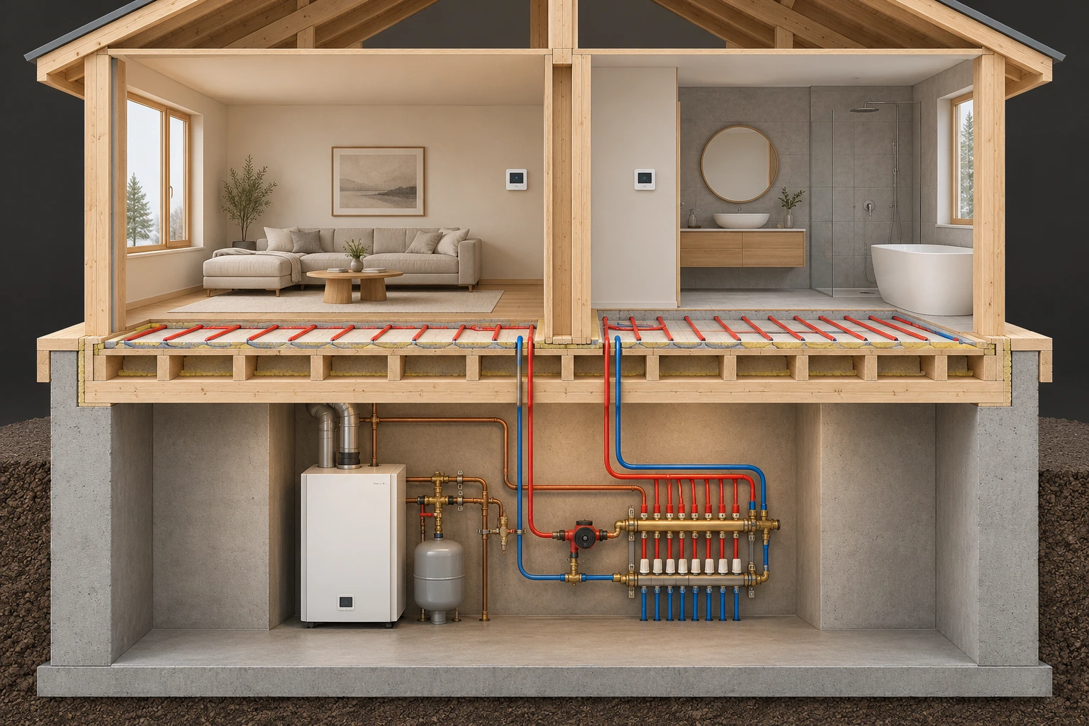Two room controls sit above visible floor-pipe runs and a basement manifold beside closed equipment. These locate controls, distribution and plant as different parts of a room-comfort enquiry.