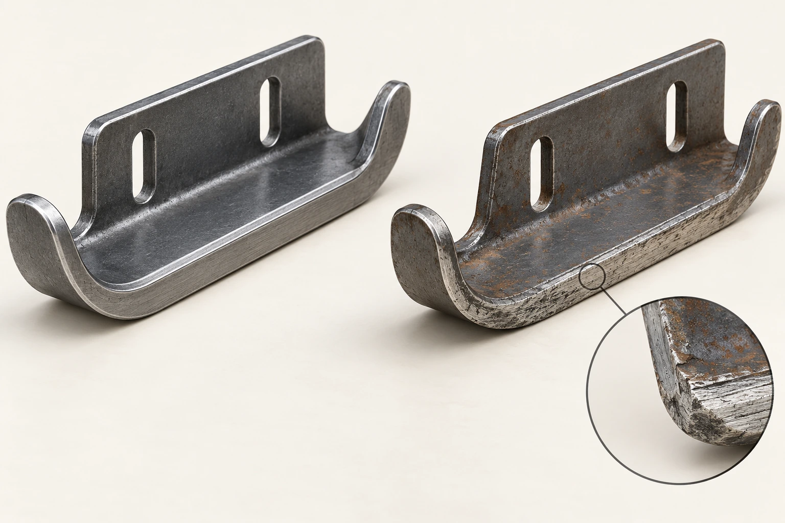 Same-design steel skid-shoe examples, one with a full lower wearing face and the other with an unevenly abraded, visibly thinned lower edge.