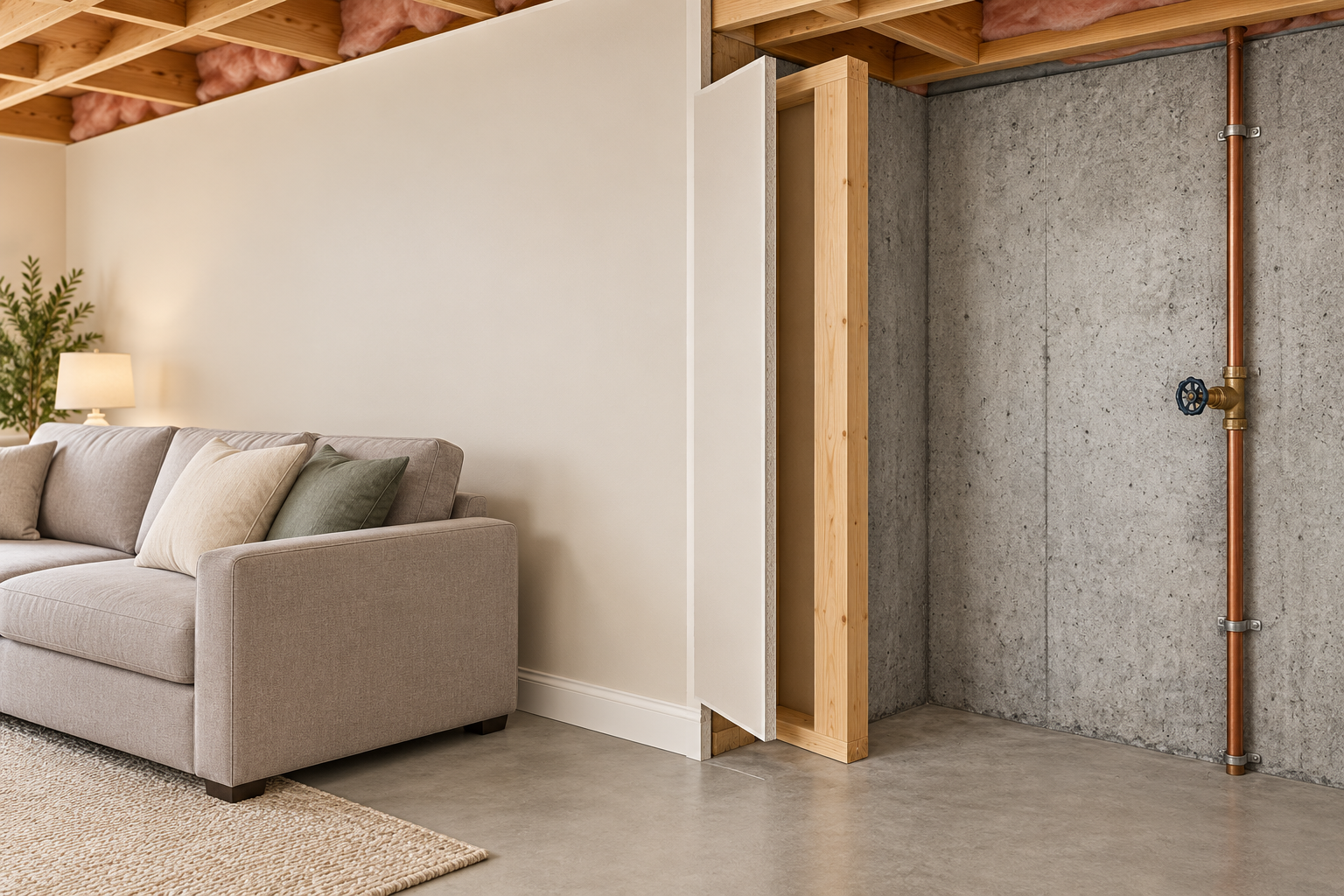 Basement teaching cutaway with an opaque finished wall beside a sofa, a separated drywall edge and timber framing, and exposed concrete with a pipe in the utility corner.