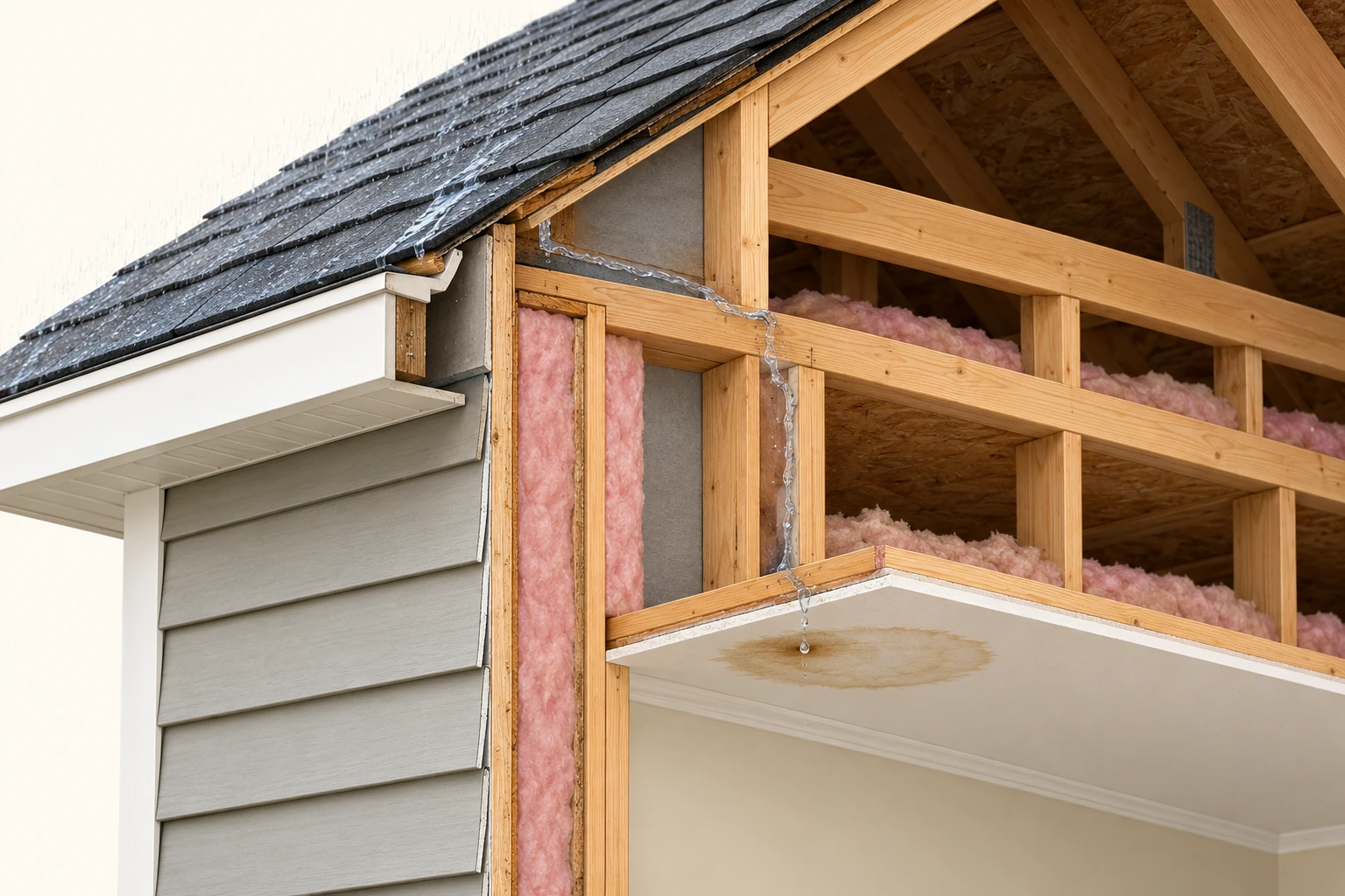 Stripped-away roof and wall cutaway shows one modest water trace along an upper exposed surface and down framing toward a separate ceiling stain.
