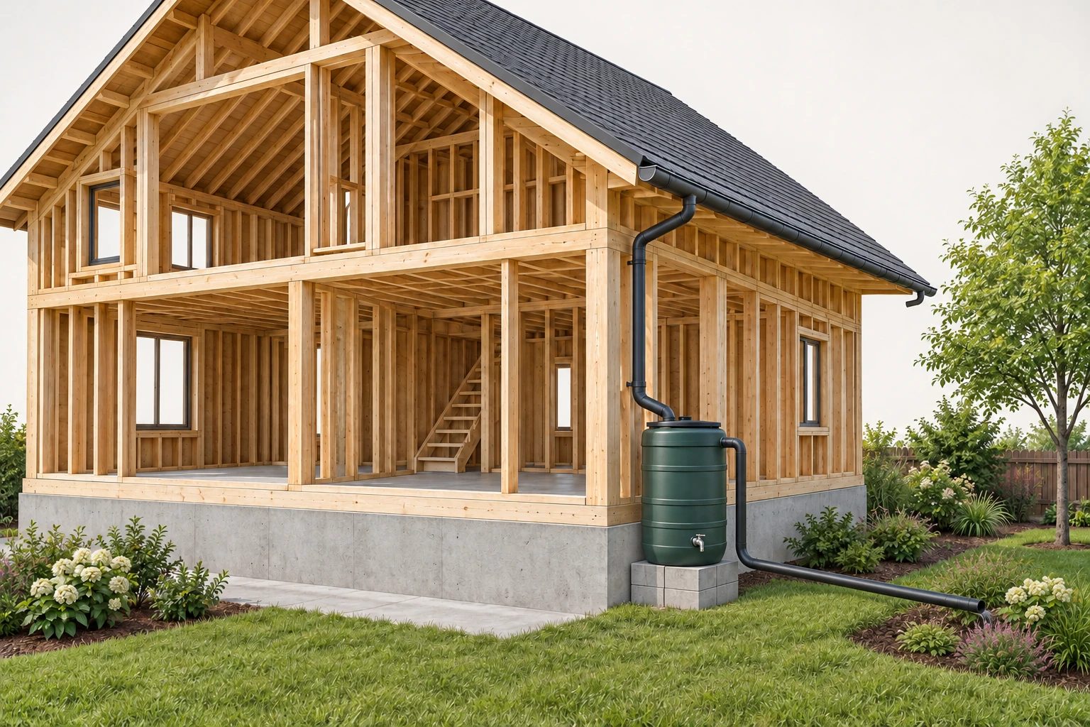 The roof/downspout feeds covered storage. A low tap serves intended use; the separate upper overflow continues outside toward a planted receiving area away from the foundation.
