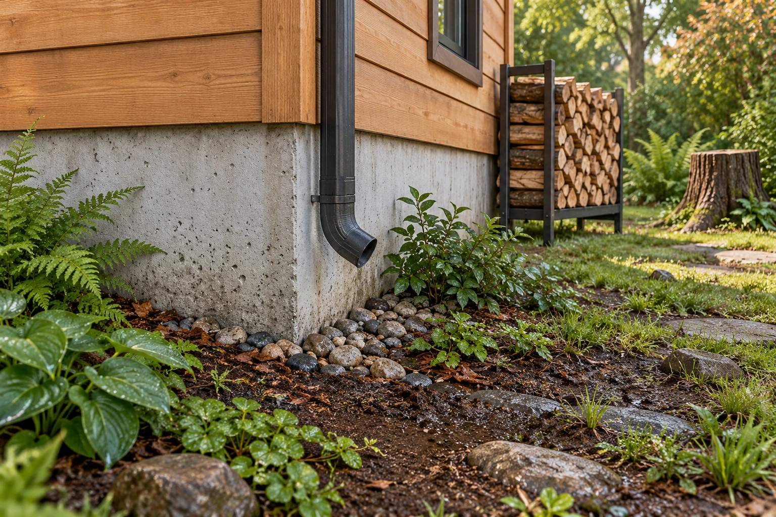 The foundation and siding sit beside a yard with a wood rack and stump. These material and moisture contexts help frame a local pest assessment without drawing a confirmed route into the house.