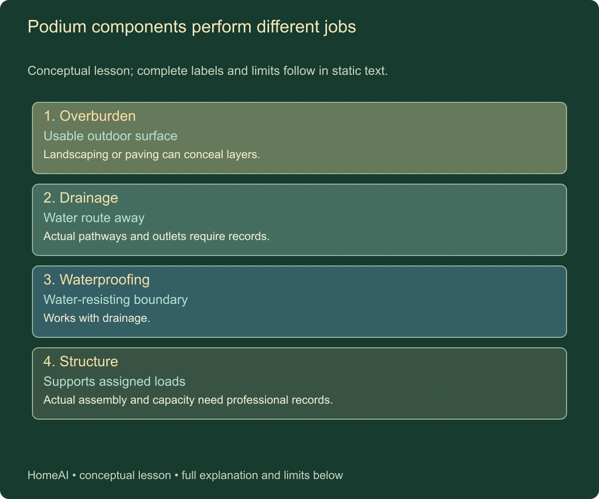 Podium components perform different jobs. Conceptual lesson; complete labels and limits follow in static text.
