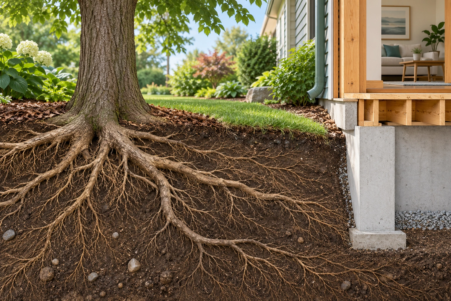 The soil section shows a conceptual branching root system with fine and larger roots beside the building. Its teaching purpose is the root/soil relationship, not a measured underground map of a property.