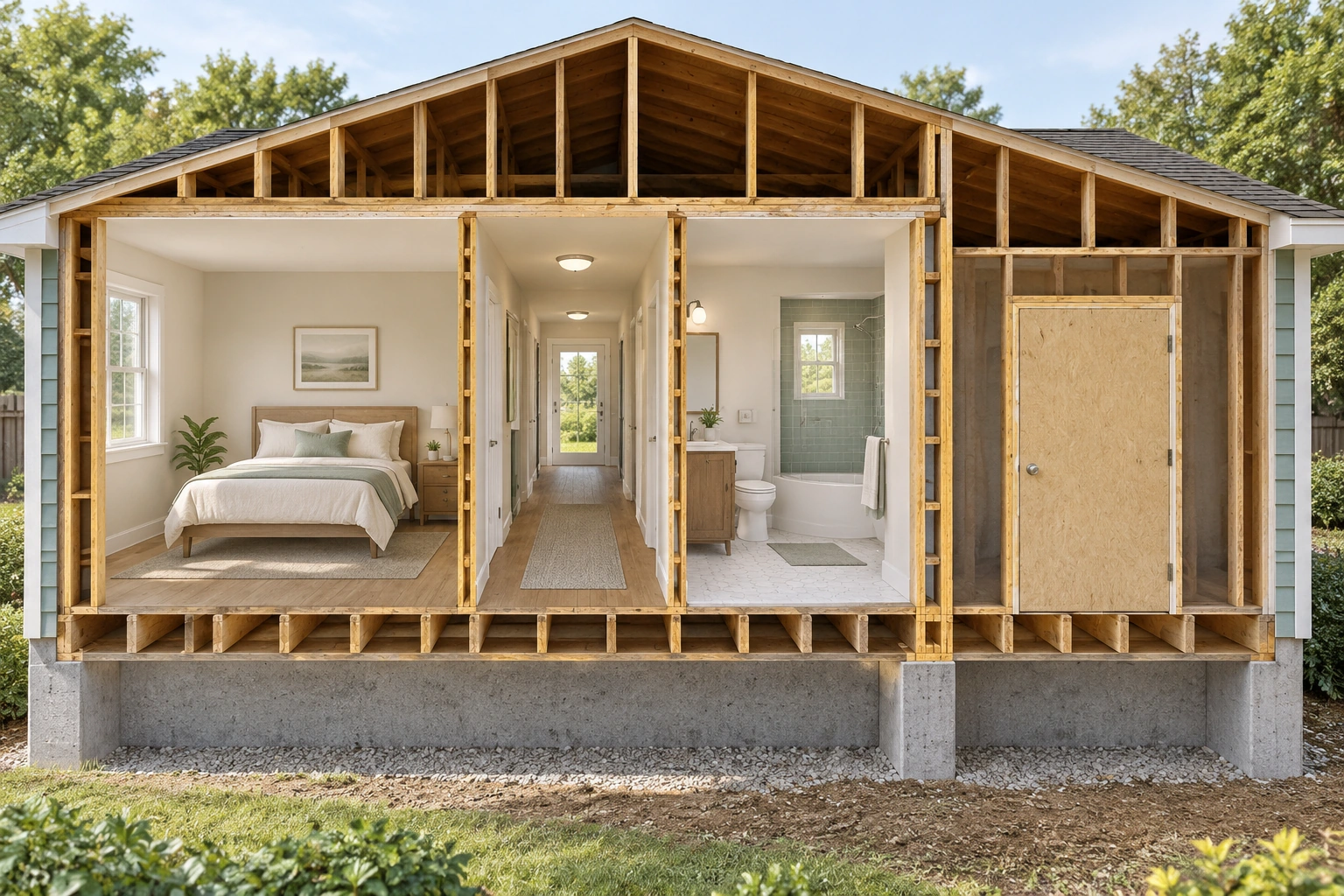 The wide cutaway shows a bedroom, hall and bathroom beside a separate closed plain door marking a different room.