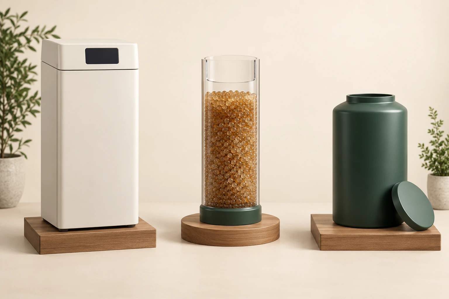 Closed cream treatment cabinet beside a separate transparent bead-filled specimen and a separate dark green reservoir-like specimen with its lid alongside