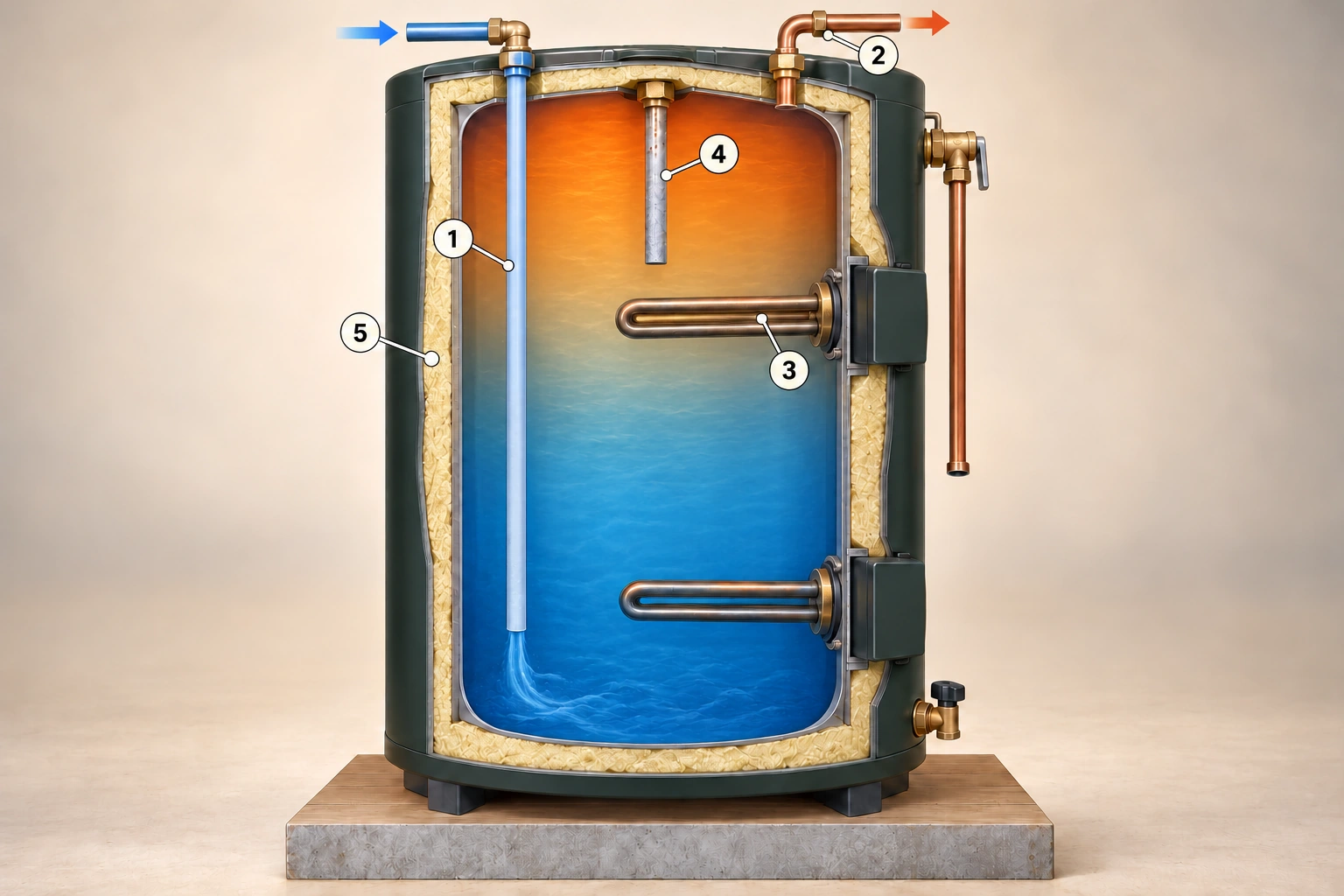 Conceptual filled electric storage tank cutaway shows a top cold inlet and dip tube, separate hot outlet, two immersion elements, anode and exposed insulation, with five numbered parts.