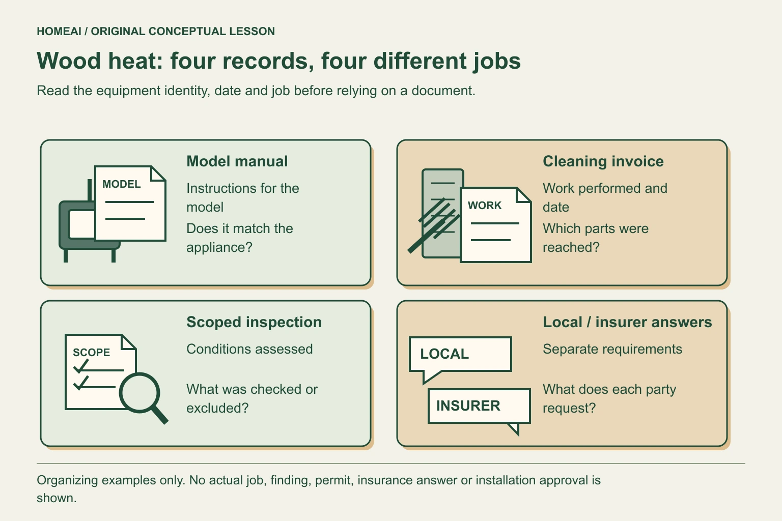 Four original illustrated panels show a generic model manual beside a closed stove, a brush beside a cleaning invoice, a magnifier beside an inspection checklist and separate local-authority and insurer answer boxes. The panels distinguish instructions, work performed, conditions assessed and responsible-party requirements. There are no official marks or completed approvals.