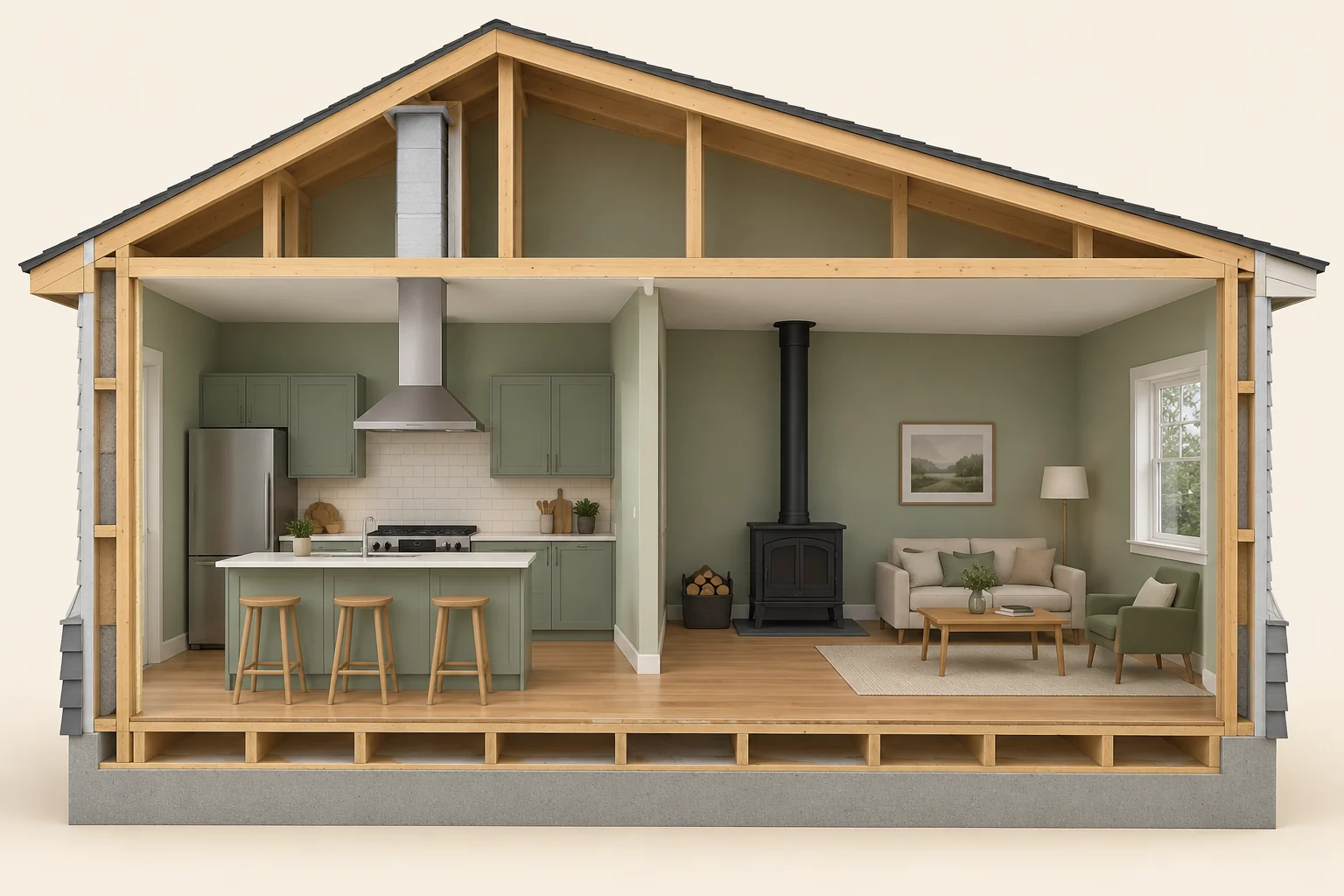 A conceptual cutaway home shows a kitchen hood and enclosed duct form on the left, a closed unlit wood stove on the right, and an outer wall and roof around the rooms. No airflow arrows or smoke are shown.